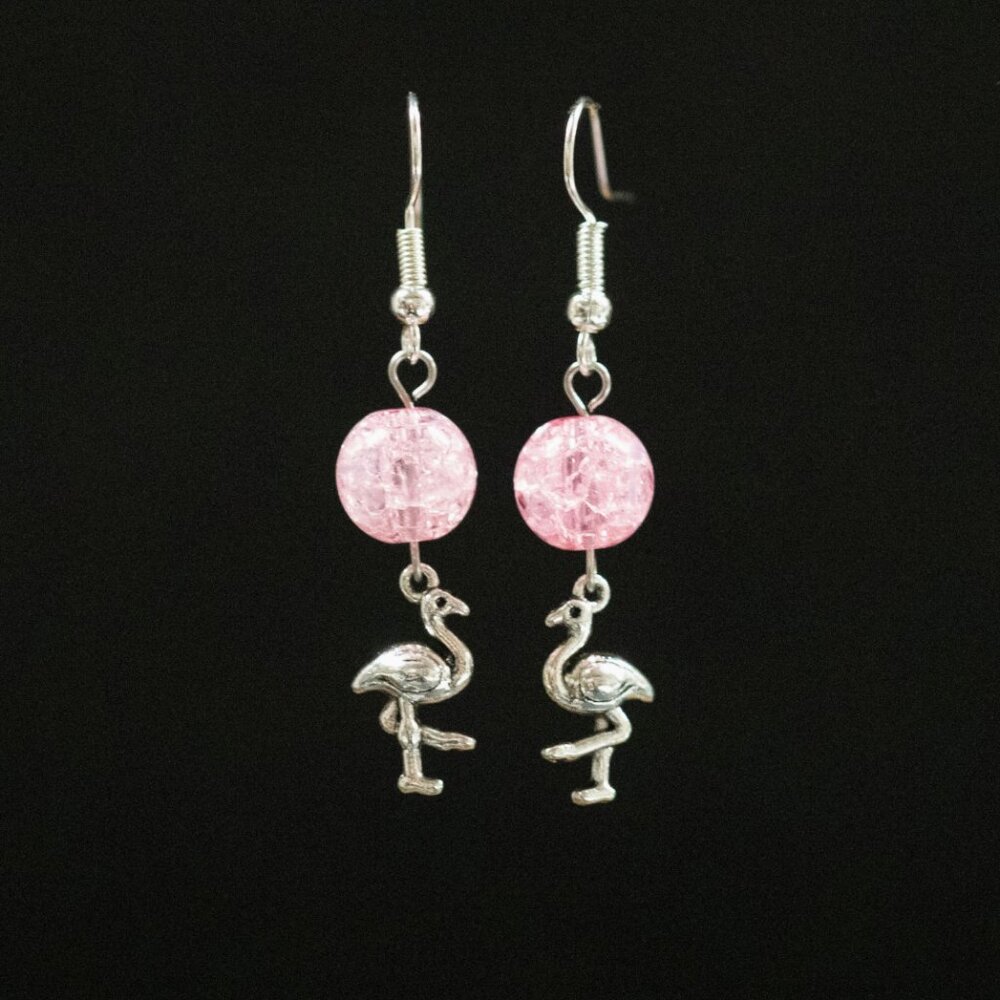 187 PINK FLAMINGO Handmade Stainless Steel and Glass Bead Earrings
